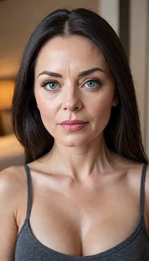 An aged 65 year old woman posing with long light black hair with steaks of grey, the hair is medium-length, (very straight), and neatly parted in the center with strands of hair framing her face.
She has blue eyes that are deep-set, the eyes are medium in size and thin, and appear to have a neutral or contemplative expression. Her eyebrows are very light blonde in colour, they are thin, and follow a slightly curved shape.
Her aging face is elongated and slightly angular, with a defined but softer jawline. Her nose is straight and proportionate, with a slightly rounded tip.
Her cheeks are gently contoured with a slight hollowness that accentuates the structure of the face.
Her jawline is well-defined but softened by age, tapering into a slightly pointed chin.
Her lips are very thin, and neutral in expression, with no visible smile.
Her neck shows visible lines and natural aging.
Her skin is fair and shows natural signs of aging, including fine lines and wrinkles around the eyes, wrinkes on forehead, and wrinkes around the mouth area.
She has size 34b breasts.
She is standing fully naked in full view of the camera.