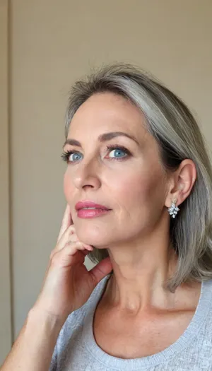 (mature, milf:1.5), An aged 65 year old woman posing with long light black hair with steaks of grey, the hair is medium-length, (very straight), and neatly parted in the center with strands of hair framing her face.
She has blue eyes that are deep-set, the eyes are medium in size and thin, and appear to have a neutral or contemplative expression. Her eyebrows are very light blonde in colour, they are thin, and follow a slightly curved shape.
Her aging face is elongated and slightly angular, with a defined but softer jawline. Her nose is straight and proportionate, with a slightly rounded tip.
Her cheeks are gently contoured with a slight hollowness that accentuates the structure of the face.
Her jawline is well-defined but softened by age, tapering into a slightly pointed chin.
Her lips are very thin, and neutral in expression, with no visible smile.
Her neck shows visible lines and natural aging.
Her skin is fair and shows natural signs of aging, including fine lines and wrinkles around the eyes, wrinkes on forehead, and wrinkes around the mouth area.
She has size 34b breasts.
She is standing fully naked in full view of the camera., puffy, nipples, dark, ghost, wide, <lora:Nipples XL:.8>