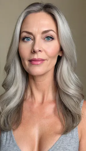 (mature, milf:1.5), An aged 65 year old woman posing with long light black hair with steaks of grey, the hair is medium-length, (very straight), and neatly parted in the center with strands of hair framing her face.
She has blue eyes that are deep-set, the eyes are medium in size and thin, and appear to have a neutral or contemplative expression. Her eyebrows are very light blonde in colour, they are thin, and follow a slightly curved shape.
Her aging face is elongated and slightly angular, with a defined but softer jawline. Her nose is straight and proportionate, with a slightly rounded tip.
Her cheeks are gently contoured with a slight hollowness that accentuates the structure of the face.
Her jawline is well-defined but softened by age, tapering into a slightly pointed chin.
Her lips are very thin, and neutral in expression, with no visible smile.
Her neck shows visible lines and natural aging.
Her skin is fair and shows natural signs of aging, including fine lines and wrinkles around the eyes, wrinkes on forehead, and wrinkes around the mouth area.
She has size 34b breasts.
She is standing fully naked in full view of the camera., puffy, nipples, dark, ghost, wide, <lora:Nipples XL:.8>