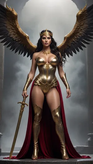 (((Blindfolded Themis))), (((Ultra Realistic))), A powerful, dark-skinned, long-haired maiden adorned with a golden crown, is the central figure standing in the center of the image. She has massive black wings covered with feathers., ((Big breasts aroused, wet crotch, legs on the shoulders of a musketeer)), wearing elaborate dark armor with gold detailing on her shoulders and chest, (((large, firm breasts))), and a long, flowing black and red dress with a high slit at the leg., (((In her left hand she holds a shining golden sword))), (((in her right hand she holds a scale))), . Her expression is stern and focused. The background is a dramatic, stormy sky over a rocky landscape. In the foreground, at the bottom of the frame, muscular nude figures, perhaps statues or fallen persons, are partially visible. The image is composed with a vertical orientation and a somewhat low angle, making the figure impressive. The lighting is gloomy, emphasizing the dark tones and contrasts. The overall style evokes a sense of epic fantasy or mythology, with an emphasis on themes of justice and power.