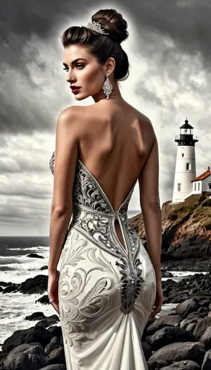 Full body shot, short, a busty woman dressed in a art deco stunning, 34dd open perfect breast, intricately designed mini that clings to her figure, showcasing her open breasts. The gown is a masterpiece of craftsmanship, adorned with shimmering embroidery that forms delicate, ornate patterns across the fabric. Her hair is styled in a sophisticated updo, with braids woven into her hair bun. She wears delicate earrings that dangle elegantly, adding a touch of sparkle that mirrors the intricate details of her dress. This attire perfectly compliments her athletic, toned body and her nice rump, full body shot, intense lighting, dynamic, perfect, digital painting, burlesque, shabby chic, fine art, epic, Boho gypsy, marquise, duchesse, dark fantasy, digital illustration, extreme detail, digital art, 4k, ultra hd, Anna Dittmann, Alyssa Monks, Gustave Dore, Jean Baptiste Monge, hyperrealism, trending on artstation, (((black and white noir vintage photography:1.6))), tumblr aesthetic, hd photography, slight smile, beautiful, intricate digital, (((lighthouse and rocky beach in background)))