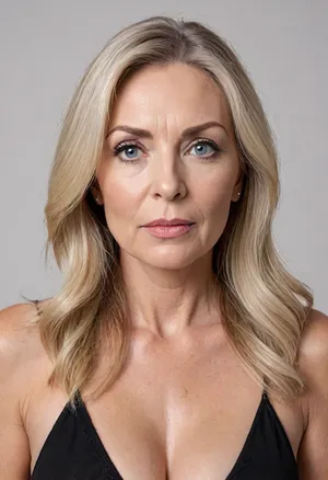 (mature, milf:1.5), An aged 65 year old woman posing with long light blonde hair with steaks of grey, the hair is medium-length, (very straight), and neatly parted in the center with strands of hair framing her face.
She has blue eyes that are deep-set, the eyes are medium in size and thin, and appear to have a neutral or contemplative expression. Her eyebrows are very light blonde in colour, they are thin, and follow a slightly curved shape.
Her aging face is elongated and slightly angular, with a defined but softer jawline. Her nose is straight and proportionate, with a slightly rounded tip.
Her cheeks are gently contoured with a slight hollowness that accentuates the structure of the face.
Her jawline is well-defined but softened by age, tapering into a slightly pointed chin.
Her lips are very thin, and neutral in expression, with no visible smile.
Her neck shows visible lines and natural aging.
Her skin is fair and shows natural signs of aging, including fine lines and wrinkles around the eyes, wrinkes on forehead, and wrinkes around the mouth area.
She has size 34b breasts.
She is standing fully naked in full view of the camera., puffy, nipples, dark, ghost, wide