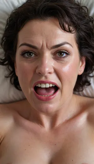 POV, (close-up:1.4), furrowed brow, looking at viewer, ((face focus)), RAW photo, subject, (high detailed skin:1.1), 8k uhd, soft lighting, high quality, film grain, Fujifilm XT3, 50 years nude old woman, ((her head is thrown back on the pillow)), milf, fair skin, ((angry:1.3)), lying down on her back, facing up, shot from above, aerial view, (orgasm), (open mouth), furrowed portrait, (makeup:1.2), ((black perm haircut)), ((detailed face:1.2)), HD, full lips, extreme mouth detail, ultra realistic freckles, detailed skin, realistic skin, High Res, 4k, ultra-detailed, masterpiece, ultra high res, dslr, detailed skin texture masterpiece, Ultra realistic, natural skin tone, high definition, ((painful expression:1.3))