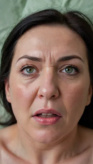 POV, (close-up:1.4), furrowed brow, looking at viewer, ((face focus)), RAW photo, subject, (high detailed skin:1.1), 8k uhd, soft lighting, high quality, film grain, Fujifilm XT3, 50 years nude old woman, ((her head is thrown back on the pillow)), milf, fair skin, ((angry:1.3)), lying down on her back, facing up, shot from above, aerial view, (orgasm), (open mouth), furrowed portrait, (makeup:1.2), ((black hair)), ((detailed face:1.2)), HD, full lips, extreme mouth detail, ultra realistic freckles, detailed skin, realistic skin, High Res, 4k, ultra-detailed, masterpiece, ultra high res, dslr, detailed skin texture masterpiece, Ultra realistic, natural skin tone, high definition, ((painful expression:1.3)), green, eyes, blue, perfecteyes, <lora:PerfectEyesXL:.8>