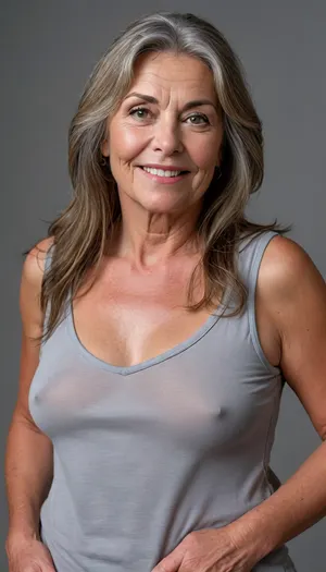 (petite Gilf:1.4), beautiful 60 year old woman stood in a, (photography studio:1.6), (perfect studio lighting), (obese:1.5), drooping, saggy, (smile:1.3), (upper body shot), (detailed skin:1.8), (long brown straight hair with gray highlights:1.3), (big eyes:1.3), (detailed eyes), (chubby face:1.3), wearing a lowcut v-neck white sleeveless T-shirt, braless, Wearing, clothes, that, make, sense, with, Braless>, <lora:bralessSDXL_v1_00022:.5>, <lora:MJ52:.2>