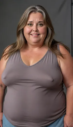 (obese:1.4), beautiful 60 year old woman stood in a, (photography studio:1.6), (perfect studio lighting), (obese:1.5), drooping, saggy, (smile:1.3), (upper body shot), (detailed skin:1.8), (long brown straight hair with gray highlights:1.3), (big eyes:1.3), (detailed eyes), (chubby face:1.3), wearing a lowcut v-neck sleeveless T-shirt, braless, Wearing, clothes, that, make, sense, with, Braless>, <lora:bralessSDXL_v1_00022:.5>, <lora:MJ52:.2>