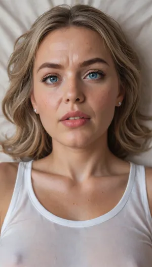POV, squeezing her breasts, (close-up:1.4), furrowed brow, looking at viewer, (mature:1.5), ((face focus)), RAW photo, subject, (high detailed skin:1.1), 8k uhd, soft lighting, high quality, film grain, Fujifilm XT3, 50 years nude old woman, ((her head is thrown back on the bed)), milf, tan skin, ((angry:1.3)), lying down on her back, facing up, shot from above, aerial view, (orgasm), (open mouth), furrowed portrait, (sexy lips:1.2), ((light brown hair)), thick eyebrows, ((detailed face:1.2)), HD, full lips, extreme mouth detail, ultra realistic freckles, detailed skin, realistic skin, High Res, 4k, ultra-detailed, masterpiece, ultra high res, dslr, detailed skin texture masterpiece, Ultra realistic, natural skin tone, high definition, ((painful expression:1.3)), captivating blue eyes, (big eyes:1.3), (detailed eyes), (chubby face:1.3), wearing a lowcut v-neck sleeveless T-shirt, braless, Wearing, clothes, that, make, sense, with, Braless>, <lora:bralessSDXL_v1_00022:.5>
