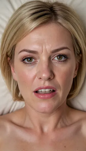 POV, (close-up:1.4), furrowed brow, looking at viewer, ((face focus)), RAW photo, subject, (high detailed skin:1.1), 8k uhd, soft lighting, high quality, film grain, Fujifilm XT3, 50 years nude old woman, ((her head is thrown back on the pillow)), milf, fair skin, ((angry:1.3)), lying down on her back, facing up, shot from above, aerial view, (orgasm), (open mouth), furrowed portrait, (makeup:1.2), ((blonde bob haircut)), ((detailed face:1.2)), HD, full lips, extreme mouth detail, ultra realistic freckles, detailed skin, realistic skin, High Res, 4k, ultra-detailed, masterpiece, ultra high res, dslr, detailed skin texture masterpiece, Ultra realistic, natural skin tone, high definition, ((painful expression:1.3))