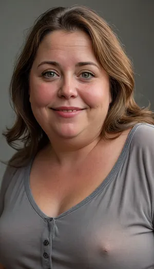 (obese:1.4), beautiful 60 year old woman stood in a, (photography studio:1.6), (perfect studio lighting), (obese:1.5), drooping, saggy, (smile:1.3), (upper body shot), (detailed skin:1.8), (medium brown straight hair with gray highlights:1.3), (big eyes:1.3), (detailed eyes), (chubby face:1.3), wearing a silk chamois, braless, Wearing, clothes, that, make, sense, with, Braless>, HD, full lips, extreme mouth detail, ultra realistic freckles, detailed skin, realistic skin, High Res, 4k, ultra-detailed, masterpiece, ultra high res, dslr, detailed skin texture masterpiece, Ultra realistic, natural skin tone, high definition, <lora:bralessSDXL_v1_00022:.5>, <lora:MJ52:.2>