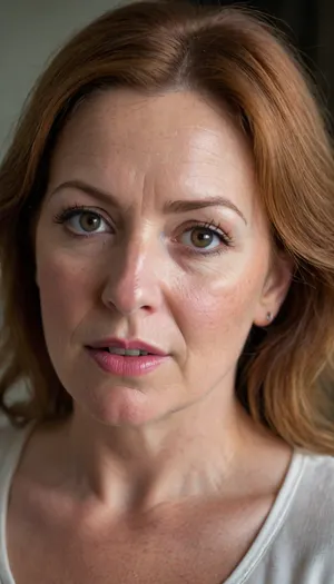 56 year old mature woman, curvy, fully dressed, casual clothes, looking at viewer, RAW photo, subject, (high detailed skin:1.1), 8k uhd, soft lighting, high quality, film grain, Fujifilm XT3, HD, full lips, extreme mouth detail, ultra realistic freckles, detailed skin, realistic skin, High Res, 4k, ultra-detailed, masterpiece, ultra high res, dslr, detailed skin texture masterpiece, Ultra realistic, natural skin tone, high definition, ((painful expression:1.3))