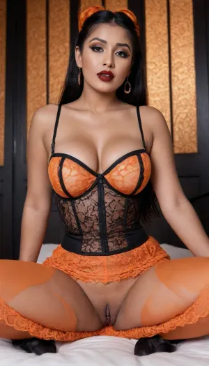 Indian, hottie, brown skin, (busty:1.1), (plump:1), (messy two bun hairstyle), (black ombre hair), ((orange highlights)), ((black lipstick)), (orange fingernails), necklace, ((orange smokey eyes makeup)), closed eyes, orgasmic face, open mouth, huge natural looking boobs, (dark nipples:1.4), wooden floor, candles, wooden walls, window, ((open orange lace bustier)), ((black pleated skirt)), orange lace stockings, sitting, (((deep fingering:1.5))), (close view:.5), view from down below