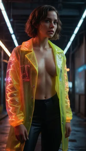 cyberpunk fashion photoshoot, a 35-year-old brunette woman with short wavy hair and a determined expression, standard athletic build, wearing glowing neon circuit embroidery on a transparent PVC coat, perched precariously on a steel beam in a rain-slicked, neon-lit megacity alley, Dutch angle, cinematic, volumetric lighting, hyperrealistic, skin details, 4k
