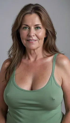 (Brunette ssbbw Gilf:1.4), beautiful 60 year old woman stood in a, photography studio, (obese:1.5), large drooping saggy breasts, (smile:1.3), (upper body shot), (detailed skin:1.8), (long brown straight hair with gray streaks:1.3), (captivating big light green eyes:1.3), (detailed eyes), (chubby face:1.3), wearing a lowcut v-neck white sleeveless T-shirt, braless, Wearing, clothes, that, make, sense, with, Braless>, <lora:bralessSDXL_v1_00022:.4>, <lora:MJ52:.5>