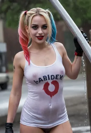 a photo of a Harley Quinn standing under a burst pipe, w3t, wet tshirt, best quality, cinematic, <lora:w3t_SDXL:.9>