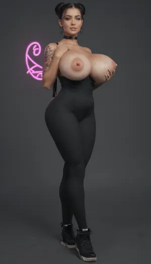 black studio background, lots of bright purple neon lights, beautiful fat latina girl, fat girl, ((bimbo)), (((long black hair in a bun))), black bodysuit, (((black bodysuit))), (((full body view))), huge breasts, full shot, biting lip, waist, bimbo lips, choker, tattoos on the arms, puffy pussy, white big sneakers, camel toe, sexy pose, loose oversize white sports pants, undressing, (((exposed breast, exposed nipples)))