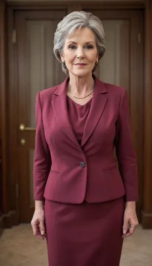 (mature:1.7), (gilf:1.5), The image shows a well-dressed, middle-aged woman with a confident yet friendly expression, looking directly at the camera. She is wearing a light burgundy suit — a blazer and matching skirt — with a light-colored top underneath. Her hair is neatly tied back, and her makeup is natural and subtle.

The background appears to be an elegant indoor setting, likely an office or hotel, with plants and wooden doors visible. The overall impression is professional, refined, and sophisticated.