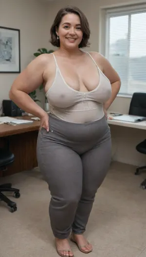 (Brunette ssbbw Gilf:1.4), beautiful 60 year old woman stood in a Dr office, saggy breasts, (smile:1.3), (full body shot), (detailed skin:1.8), (brunette straight hair with gray streaks:1.3), (captivating big light green eyes:1.3), (detailed eyes), (chubby face:1.3), wearing a lowcut v-neck white sleeveless top, highwaist pants, braless, Wearing, clothes, that, make, sense, with, Braless>, <lora:bralessSDXL_v1_00022:.5>