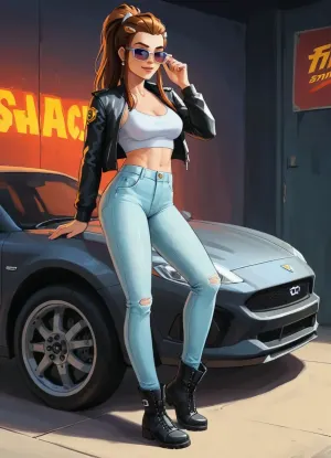 Brigitte from Overwatch, full body, leaning casually against a sleek GTA-style sports car, confident smirk, wearing a stylish street outfit, (biker leather jacket, fitted jeans, boots, sunglasses), GTA 5 loading screen style, bold cel-shaded outlines, stylized realism, clean shading, vibrant colors, cinematic composition, pastel gradient background, dramatic lighting, Rockstar Games poster illustration, polished digital painting, samdoesart, <lora:samdoesart_style_xl_v1:.5>, <lora:Animated_Concept:.5>, <lora:outline_xl_kohaku_delta_spv5x:1.5>, <lora:GTAVstyleDoguXLv2:2>