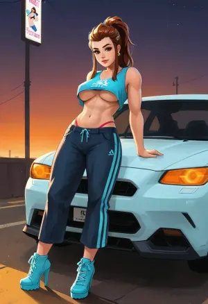 Brigitte from Overwatch, full body, leaning casually against a stylized sports car, GTA 5 loading screen style, illustrated car with cel-shaded outlines and clean shading, bold stylized realism, smooth vector-like shapes, Brigitte in a sexy outfit, (underboob tanktop, thong, and heels), vibrant colors, cinematic composition, pastel gradient background, gas station in background, dramatic lighting, Rockstar Games poster illustration, digital painting, polished, samdoesart, <lora:samdoesart_style_xl_v1:.5>, <lora:Animated_Concept:.5>, <lora:outline_xl_kohaku_delta_spv5x:1.5>, <lora:GTAVstyleDoguXLv2:2>