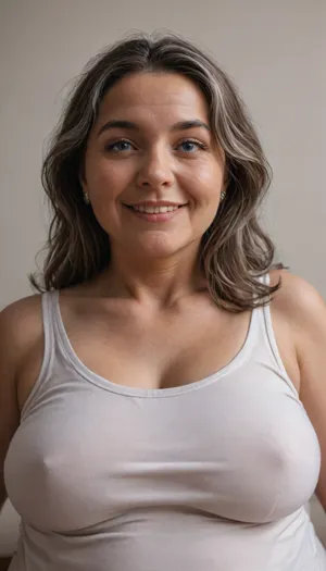(Brunette ssbbw Gilf:1.4), beautiful 60 year old woman stood in a, (photography studio:1.6), (perfect studio lighting), (obese:1.5), large drooping saggy breasts, (smile:1.3), (upper body shot), (detailed skin:1.8), (long brown straight hair with gray highlights:1.3), (big light blue eyes:1.3), (detailed eyes), (chubby face:1.3), wearing a lowcut v-neck white sleeveless T-shirt, braless, Wearing, clothes, that, make, sense, with, Braless>, <lora:bralessSDXL_v1_00022:.5>, <lora:MJ52:.2>