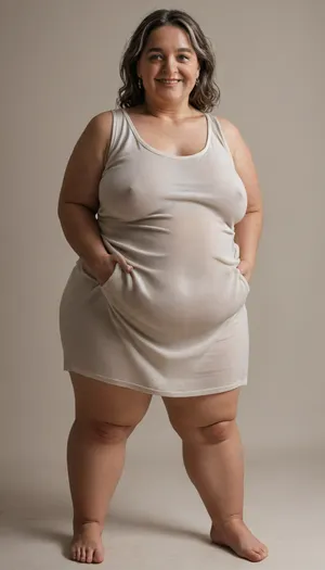 (Brunette ssbbw Gilf:1.4), beautiful 60 year old woman stood in a, photography studio, (obese:1.5), large drooping saggy breasts, (smile:1.3), (full body shot), (detailed skin:1.8), (long brown straight hair with gray highlights:1.3), (big light blue eyes:1.3), (detailed eyes), (chubby face:1.3), wearing a lowcut v-neck white sleeveless T-shirt, braless, Wearing, clothes, that, make, sense, with, Braless>, <lora:bralessSDXL_v1_00022:.5>, <lora:MJ52:.2>