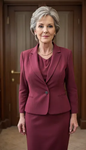 (mature:1.7), (gilf:1.5), The image shows a well-dressed, middle-aged woman with a confident yet friendly expression, looking directly at the camera. She is wearing a light burgundy suit — a blazer and matching skirt — with a light-colored top underneath. Her hair is neatly tied back, and her makeup is natural and subtle.

The background appears to be an elegant indoor setting, likely an office or hotel, with plants and wooden doors visible. The overall impression is professional, refined, and sophisticated.