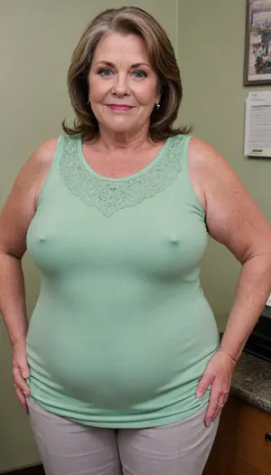 (Brunette ssbbw Gilf:1.4), beautiful 60 year old woman stood in a Dr office, saggy breasts, (smile:1.3), (full body shot), (detailed skin:1.8), (brunette straight hair with gray streaks:1.3), (captivating big light green eyes:1.3), (detailed eyes), (chubby face:1.3), wearing a lowcut v-neck white sleeveless T-shirt, highwaist pants, braless, Wearing, clothes, that, make, sense, with, Braless>, <lora:bralessSDXL_v1_00022:.1>