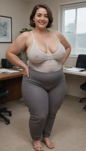 (Brunette ssbbw Gilf:1.4), beautiful 60 year old woman stood in a Dr office, saggy breasts, (smile:1.3), (full body shot), (detailed skin:1.8), (brunette straight hair with gray streaks:1.3), (captivating big light green eyes:1.3), (detailed eyes), (chubby face:1.3), wearing a lowcut v-neck white sleeveless top, highwaist pants, braless, Wearing, clothes, that, make, sense, with, Braless>, <lora:bralessSDXL_v1_00022:.5>