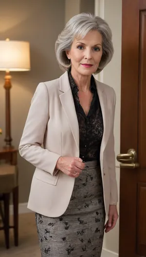 (mature:2.3), (gilf:1.8), The image shows a well-dressed, middle-aged woman with a confident yet friendly expression, looking directly at the camera. She is wearing a light-colored suit — a blazer and matching short skirt — with a light-colored top underneath. Her hair is neatly tied back, and her makeup is natural and subtle. Black lace stockings. The background appears to be an elegant indoor setting, likely an office or hotel, with plants and wooden doors visible. The overall impression is professional, refined, and sophisticated.