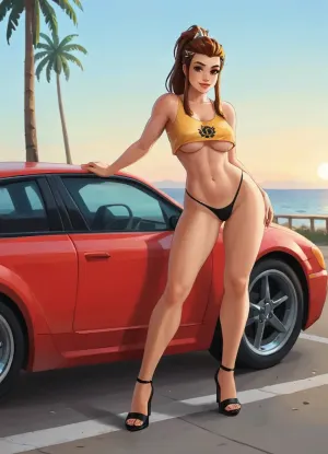 Brigitte from Overwatch, full body, leaning casually against a stylized sports car, GTA 5 loading screen style, illustrated car with cel-shaded outlines and clean shading, bold stylized realism, smooth vector-like shapes, Brigitte in a sexy outfit, (underboob tanktop, thong, and heels), vibrant colors, cinematic composition, pastel gradient background, gas station in background, dramatic lighting, Rockstar Games poster illustration, digital painting, polished, samdoesart, <lora:samdoesart_style_xl_v1:.5>, <lora:Animated_Concept:.5>, <lora:outline_xl_kohaku_delta_spv5x:1.5>, <lora:GTAVstyleDoguXLv2:2>