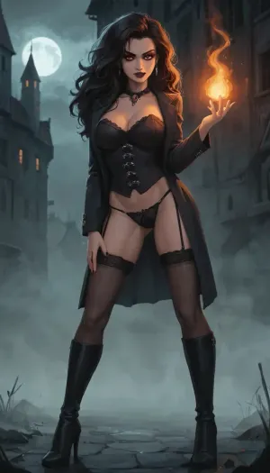 Female Strahd von Zarovich, full body, leaning confidently against a dark gothic coach, GTA 5 loading screen style, stylized realism with painterly shading, bold cel-shaded outlines, sexy aristocratic gothic outfit, (high-collared coat, corset details, jewelry, tall boots, flowing dark hair), pale skin, glowing red eyes, confident smirk, large breasts, pubic hair, cinematic composition, dark Barovia gothic background, (stormy skies, castle silhouette, eerie mist), vibrant but moody color palette, Rockstar Games poster illustration, polished digital painting, samdoesart, <lora:samdoesart_style_xl_v1:.3>, <lora:Animated_Concept:.3>, <lora:outline_xl_kohaku_delta_spv5x:1>, <lora:GTAVstyleDoguXLv2:2>