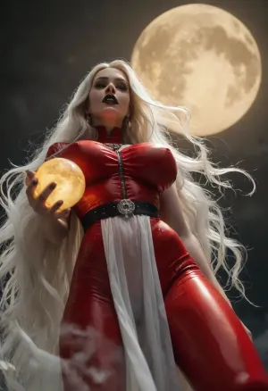 score_9_up, score_8_up, score_7_up, tall slender woman, lady death, hourglass figure, black lipstick, mouth slightly opened, teeth, (holding a glowing ball), eyesshadow, long eyelash, mini waist, massive hip, giant sagging breasts, extremely pale skin, (platinum long flowing hair:1.3), flowing_transparent_red_bodysuit, glowing waist belt, wind, flouting in the air, night, flying bat see through the moon, (extreme full yellow moon:1.6), low angle shot, <lora:style_lora_realis:.8>