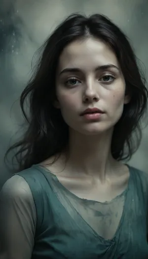 The image depicts a young woman with a calm, introspective expression, standing against a softly blurred, muted background. The color palette leans toward cool, desaturated tones — bluish-greens and grays — which lend the image a melancholic, ethereal atmosphere. Her hair is dark and slightly tousled, and she wears a sheer, textured dress that looks delicate and almost weathered, contributing to the painterly, dreamlike quality. Overall, the composition feels intimate and contemplative, evoking a quiet, emotional depth reminiscent of a portrait from a surreal or post-apocalyptic narrative.