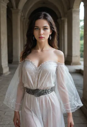 the stunningly beautiful Arwen Undómiel, Elven Princess of Rivendell, standing elegantly under the moonlight, surrounded by ancient Elven architecture and waterfalls, deep silver-blue eyes radiating wisdom and mystery, high cheekbones, delicate facial structure, flawless porcelain skin with a subtle ethereal glow, soft full pink lips slightly parted, long, loose and wavy jet-black hair cascading over her shoulders, illuminated by the heavenly glow, wearing an elegant flowing silver silk gown adorned with intricate Elven embroidery, wide ethereal sleeves falling gracefully, cinched at the waist with a delicate silver chain belt, Elven tiara resting upon her forehead, intricate filigree reflecting the moonlight, misty ambiance, raw, lighting, overexposed, harsh, flash, <lora:Rawfully Stylish v0.2_epoch_20:.8>