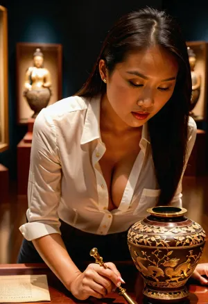((photorealism)), (high quality:1.2), (detailed facial features:1.1), (well-lit scene:1.1), (perfectly detailed face:1.2), (excellent composition:1.1), ((beautiful Asian woman looking at an artifact in a museum)), smooth skin, black hair in a ponytail, white shirt, unbuttoned almost to the waist, exposing the upper part of her big full breasts, tight-fitting khaki pants, black boots, bent over a glass display case with an ancient Chinese vase, (detailed inlaid vase:1.1), (examining the vase through a magnifying glass:1.5), soft studio lighting, dark museum background, defocused background with other artifacts on the wall, bright reflections on the glass, (depth of field:1.1), side lighting, natural lighting, 8k, ultra-detailed, DSLR, (Fujifilm XT3:1.1), ISO 200, 1/160s, f/2.8, NEGATIVE_HANDS, downblouse, nipslip, <lora:681678_training_data:.8>, <lora:RealDownblouseXL2:.8>