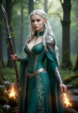 Beautiful female elf warlock, servant of an Archfey patron, regal and otherworldly. Tall and elegant with a slim but powerful build, flawless pale skin with a faint shimmer, sharp angular elven features, long flowing silver hair, and piercing emerald eyes glowing faintly with fey magic, large bimbo breasts. Wearing enchanted ornate plate armor with flowing natural motifs, leaves, vines, and silver filigree, glowing with faint green and violet arcane light. Green lace stockings. A cloak of deep twilight blue billows behind her. Wielding a glaive with an ethereal crystalline blade that hums with fey power, runes glowing along the shaft. Standing in a moonlit forest clearing where flowers bloom at her feet, glowing will-o’-wisps and faint arcs of faerie fire floating in the air. Ultra-realistic high fantasy art, highly detailed, cinematic magical lighting, atmosphere of beauty, danger, and fey majesty., raw, lighting, overexposed, harsh, flash, <lora:MJ52:.5>, <lora:Rawfully Stylish v0.2_epoch_20:.8>