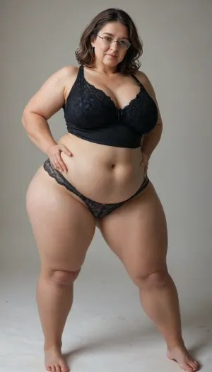 photorealistic, best quality, (realistic), (Italian milf:1), 50 years old, (caucasian milf), wearing glasses, ((curvy)), sexy haircut, brunette hair with highlights, (wearing big black satin high-waist full coverage wide granny panties:1.2), ((plump round obese belly)), (big lovehandles), (chubby thighs), ((muffintop belly)), (belly hanging over top of panties), (double chin), plump round fat face, very plump pubis, (plump fupa), full body shot, 1960s, strong expressive eyebrows, realistic high quality photography, beautiful, skin pores, eyelashes, textured skin, highly realistic skin, ambient occlusion, model shoot, (sleeveless black satin lingerie), (plump body), butt, sagging, stretch, marks, (cameltoe), captivating eyes, wearing a wedding ring, <lora:MJ52:.4>