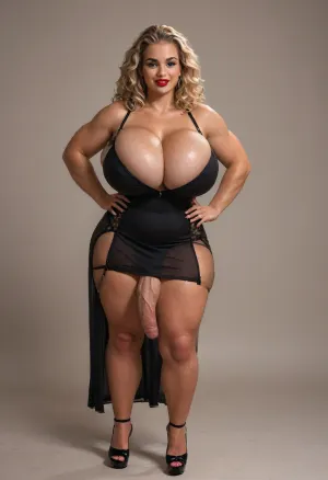 (black futanari woman), (solo), (dark skin), (big breasts:1.5), (very attractive), (pretty face), (smile), (red lipstick), (perfect makeup), (standing on a luxury yacht), (huge erect penis:1.3), (long straight blond hair:1.2), (huge cleavage:1.5), (big waist), (hourglass figure), (long see through black dress), (shiny black stiletto high heels), (sunny day), (Vintage PinUp Style Longline Body Open Bottom Girdle:1.9), (front view:1.3), muscle_bimbo, erect-futa, erect-penis, woman, testicles, erection, plump, skindentation, chubby, bbw, venus, body, big, breasts, ass, <lora:Muscle_Bimbo_SDXL:2>, <lora:Dramatic_penis_SDXL:2>, <lora:SDXLlora13ErFut:2>, <lora:Chubby BBW - XL:.4>
