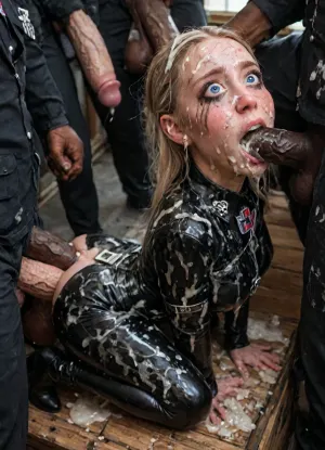 view from front, 1girl, gothic, goth, ((pale skin)), tall, dark black eyes, black eyeliner, (black lipstick), pencil waist, wide hips, (hour glass body), busty, 30yo, slender figure, angry look on her face, (perfect eyes), perfect face, perfect hands, latex, leather, legs spread wide, (straight hair), ((white hair)), bangs, low pony tail, elastic boobs, detailed skin, sitting on ammunition crate, one leg on crate, inside dark torture prison, high heeled boots, on her head a black german officers hat, in her ears earrings with rubies, (ww2, german Nazi uniform, Wehrmacht, uniform, SS, German, 3rdReich), iron cross, EK2_1813, (black latex body suit:1.8), (black latex gloves), (silicone breasts:1.1), (chastity belt:1.4), (bondage harness:1.12), gas mask, (score_9, score_8_up, score_7_up, UHD 8K, masterpiece, best quality, maximum details, natural light, extreme realism, cinematic still), full body view, big tits, slim body, park, perfect body, gorgeous face, beautiful face, (highly detailed hair), (highly detailed face), highly detailed body, freckles, full body, anal, stretch anus, painful anal, gang bang, group anal, tight anal, scared face, naughty, excited, enthusiastic, wide eyes and surprised, ruined makeup, porn photoshoot, blushing, realistic cum, (cum on clothes:1.4), cum on, (Cum flows:1.5), (cum on body:1.4), cum on hair, (cum on face:1.7), bukkake, ((Clothes and body covered with semen)), (mouth filled with cum:1.5), (cum on hair:1.3), anal spitroast, gagging on cock, screaming, shocked, tearful, huge penis penetrating anus, rough sex, hands on waist, deep anal penetration, deep throat penetration, huge veined cock, hyper cock in anus, realistic, anatomically correct, spitroast, Uber realistic, 8k, ultra detailed, ((Ultimate realistic photo details)), (((dynamic sexy pose))), (((bright sunlight))), detailxl, 35mm photograph, film, professional, 4k, highly detailed, 5 boys, hdr, photographic, ultra realistic, ultra high details, back light, looking at viewer, (front view), (dynamic pose), high resolution, anal sex, with large muscular black men, gargantuan black cocks, anal sex expansion, ravenous hyper sex, large hyper muscular black men, (enlarged gaping rectum), (((hyper large cock in mouth:1.3))), oral cream pie, interracial gangbang, (interracial sex), swollen black veiny cocks, (double anal penetration), hardcore double penetration, proper physics, big black cocks, muscular black interracial gangbang, tongue out, (eyes wide open in horror:1.24), (wide mouth spreader:1.5), (pleading expression:1.18), (terrified:1.12), (crying:1.12), (fear and panic:1.18), UHD 8K, (full body photograph:1.1), Movie, Still, Film, Cinematic, Shot, (huge dick), (creamy deep deepthroat:1.12), (extreme oral sex:1.4), (huge massive white dick:1.4), (cum), (hands pulling hair hard), Lighting, <lora:uniform:.8>, <lora:1465767_training_data:.8>, <lora:detailed_notrigger:.8>, <lora:LCMTurboMix_Euler_A_fix:.8>, <lora:JuggerCineXL2:.9>