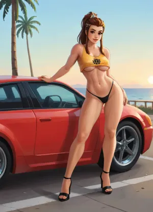 Brigitte from Overwatch, full body, leaning casually against a stylized sports car, GTA 5 loading screen style, illustrated car with cel-shaded outlines and clean shading, bold stylized realism, smooth vector-like shapes, Brigitte in a sexy outfit, (underboob tanktop, thong, and heels), vibrant colors, cinematic composition, pastel gradient background, gas station in background, dramatic lighting, Rockstar Games poster illustration, digital painting, polished, samdoesart, <lora:samdoesart_style_xl_v1:.5>, <lora:Animated_Concept:.5>, <lora:outline_xl_kohaku_delta_spv5x:1.5>, <lora:GTAVstyleDoguXLv2:2>