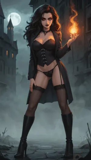 Female Strahd von Zarovich, full body, leaning confidently against a dark gothic coach, GTA 5 loading screen style, stylized realism with painterly shading, bold cel-shaded outlines, sexy aristocratic gothic outfit, (high-collared coat, corset details, jewelry, tall boots, flowing dark hair), pale skin, glowing red eyes, confident smirk, large breasts, pubic hair, cinematic composition, dark Barovia gothic background, (stormy skies, castle silhouette, eerie mist), vibrant but moody color palette, Rockstar Games poster illustration, polished digital painting, samdoesart, <lora:samdoesart_style_xl_v1:.3>, <lora:Animated_Concept:.3>, <lora:outline_xl_kohaku_delta_spv5x:1>, <lora:GTAVstyleDoguXLv2:2>