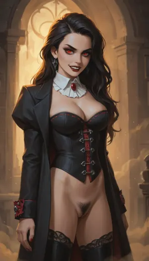 Tall female vampire, (((very long vampiric fangs))), leaning confidently against a dark gothic wall, GTA 5 loading screen style, stylized realism with painterly shading, bold cel-shaded outlines, sexy aristocratic gothic outfit, (high-collared coat, corset details, jewelry, tall boots, flowing dark hair), pale skin, glowing red eyes, confident smirk, large breasts, pubic hair, cinematic composition, dramatic gothic Barovia background, (stormy skies, castle silhouette, eerie mist, bats in flight), vibrant but moody color palette, Rockstar Games poster illustration, polished digital painting, samdoesart, <lora:samdoesart_style_xl_v1:.3>, <lora:Animated_Concept:.3>, <lora:outline_xl_kohaku_delta_spv5x:1>, <lora:GTAVstyleDoguXLv2:2>