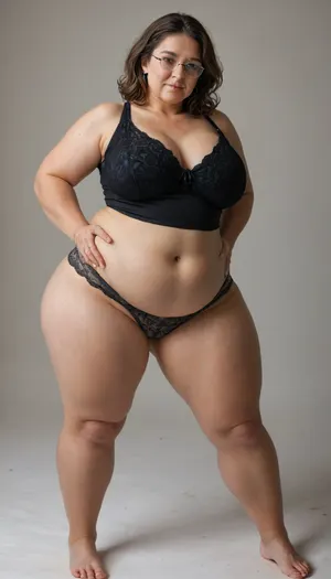 photorealistic, best quality, (realistic), (Italian milf:1), 50 years old, (caucasian milf), wearing glasses, ((curvy)), sexy haircut, brunette hair with highlights, (wearing big black satin high-waist full coverage wide granny panties:1.2), ((plump round obese belly)), (big lovehandles), (chubby thighs), ((muffintop belly)), (belly hanging over top of panties), (double chin), plump round fat face, very plump pubis, (plump fupa), full body shot, 1960s, strong expressive eyebrows, realistic high quality photography, beautiful, skin pores, eyelashes, textured skin, highly realistic skin, ambient occlusion, model shoot, (sleeveless black satin lingerie), (plump body), butt, sagging, stretch, marks, (cameltoe), captivating eyes, wearing a wedding ring, <lora:MJ52:.4>