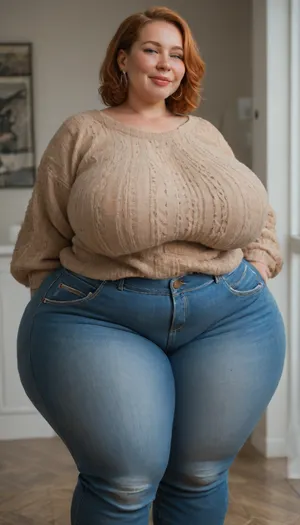 (Mature:1.5), 65 years old, (oversized ssbbw:1.5), ., (Oversized thick thighs and oversized wide hips:1.5), . Oversized wide sweater. Natural ginger hair, straight hair. Freckles, wrinkles on face. Busty lips, lipstick. Tight highwaist jeans. Big earrings. Seductive posing. Seductive smile., (Chubby face:1.5), captivating green eyes