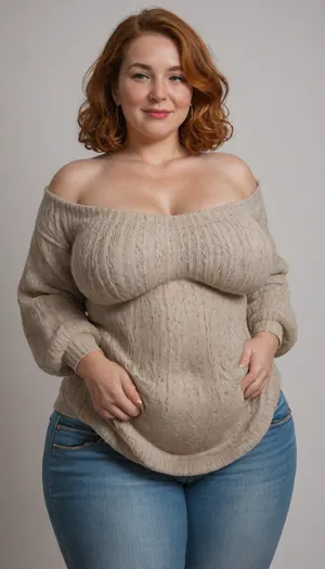 (Mature:1.5), 65 years old, (oversized ssbbw:1.2), ., (Oversized thick thighs and oversized wide hips:1.2), . Oversized wide sweater. Natural ginger hair, straight hair. Freckles, wrinkles on face. Busty lips, lipstick. Tight highwaist jeans. Big earrings. Seductive posing. Seductive smile., (Chubby face:1.5), captivating green eyes