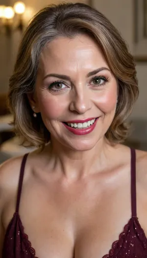 (c4mb3ll:1), . DSLR RAW upper body level photo, (sharp focus:1.2), attractive 60 year old woman, (beautiful chubby face:1.2), detailed eyes, (captivating eyes:1.5), (mature:1.4), (gray hair), (eyeshadow:1.25), (red lips:.95), (big smile:1.25), body freckles, (saggy breasts:1), (chubby body:1.05), (light brown hair:1.25), wearing, (plunging neckline:1.2), at, (reception social event:1.2), ., (Warm lighting:1.2), depth of field, 4K, HDR. by, (Fabian Perez:1.2), ((high quality, 4k, realistic, high detailed, insanely detailed, real, best quality, ultra-detailed, fine detail, professional photography, taken with Canon EOS 5D Mark IV DSLR, apperture f/8, shutter speed 1/250 sec, ISO 100, highres, 8k wallpaper, cinematic lighting, masterpiece, heavily upvoted)), ((masterpiece)), high detail, complex details, OverallDetail, perfect lighting, professional realistic photo, unaestheticXL_cbp62, <lora:add-detail-xl:.8>