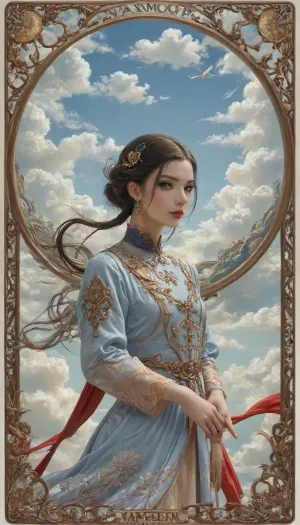 Art Nouveau style, Yangchen the Avatar from airbender, looks like a princess of the sky, ((Art Nouveau ornament of clouds and blue sky)), (((Air themes))), (((Yangchen hair and makeup))), (((sky and clouds))), novuschroma, style, Ivan, Bilibin, Style, page, flowing airy, intricately woven dress from pale blue and cloudy thread, small breast, very beautiful, tan, facing towards viewer, <lora:124_novuschromaSXL_a4:.8>, <lora:Ivan Bilibin Style:.8>, <lora:698348_training_data:1>, <lora:nobrav1_SDXL:.6>