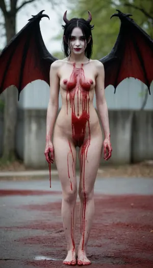 1girl, solo, full body, Asian, cute, tall, perfect eyes, standing up tall, blood on the ground, blood on body, horror theme, smile, blood on hair, nude, dripping, a lot of blood on the body, dragon wings, goth mime with white face.