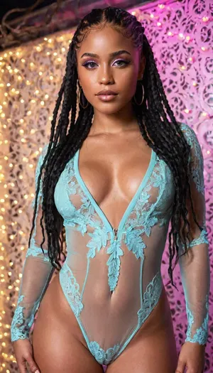 ((Low angle view)), a volouptous milf latina-african descent goddess, ((violet lace transparent full bodysuit)), ((standing)), (neon lights in background), with, (detailed full body), massive bust, (huge rack on body), clothed completely, detailed background, dynamic pose, full body, massive lips, (long dreadlocks pink hair), (((full body))), smile, ((blue eyes)), freckles, perfect eyes, dark skin tone, detailed skin, cinematic, great shading, moody lighting, (by Hope Gangloff:1), perfecteyes, <lora:lora-sdxl-perfect-eyes:.5>, <lora:add-detail-xl:1>, Tyla, south, african, singer, <lora:Tyla_South_African_singer:.8>