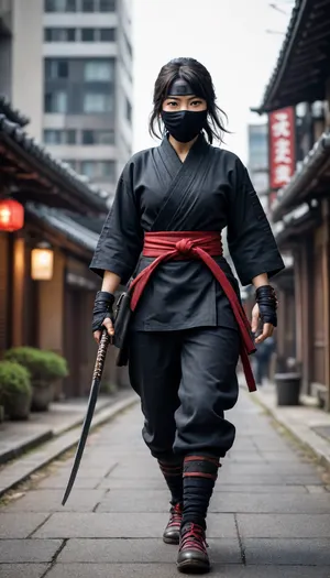 Tokio 2025 Ultra-realistic, flawless, high-quality, ultra-detailed female ninja from the Edo period, dressed in an ultra-detailed Shinobi Soku with Jita Tabi footwear from the Edo period.
With a ninjato in attack position, holding his ninjato in his hands, walking through the streets of modern Tokyo in 2025, buildings in the background.